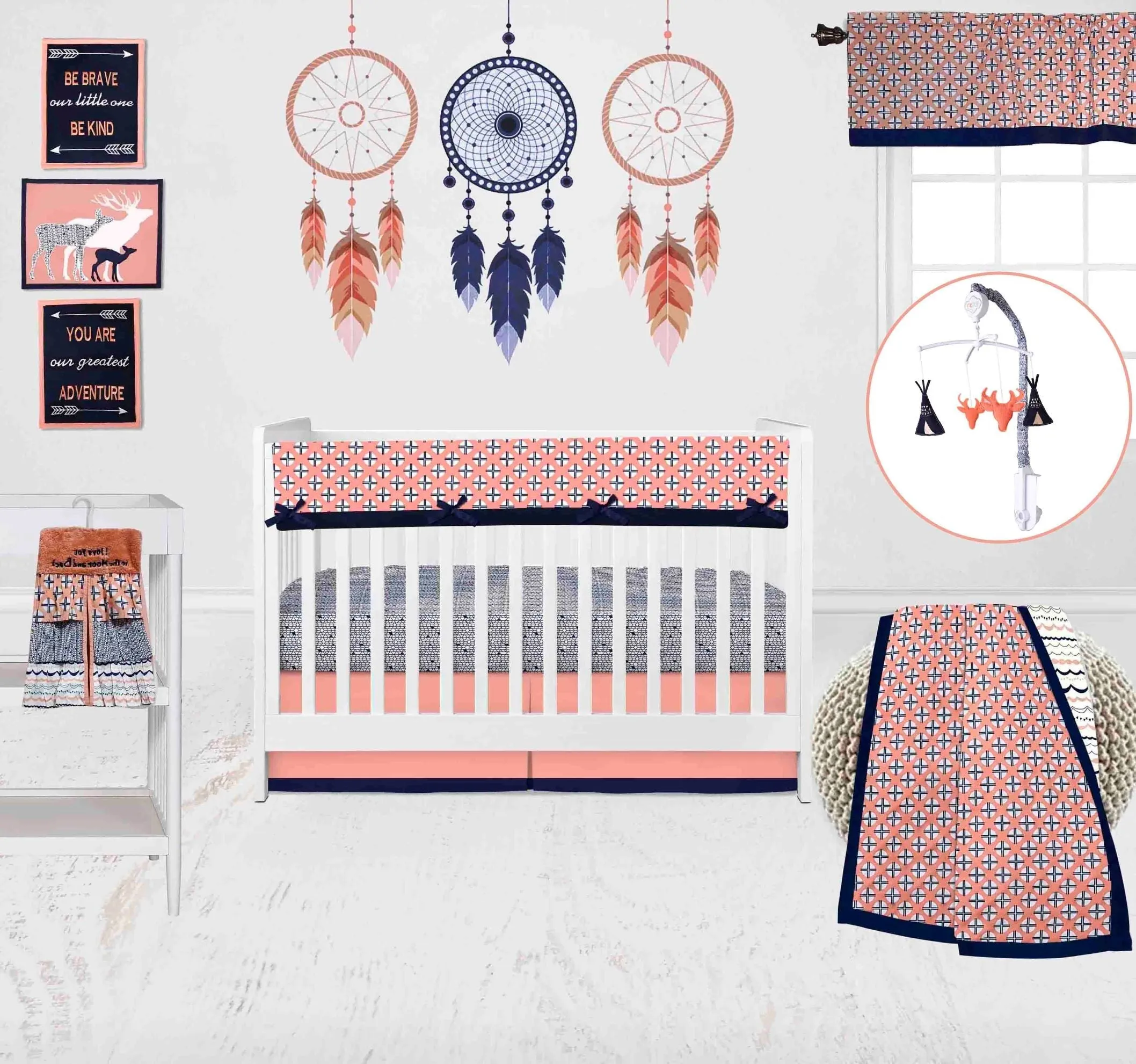 Bacati - Tribal Olivia 10-Piece Crib Bedding Set with Crib Rail Guard - Coral/Navy Girls