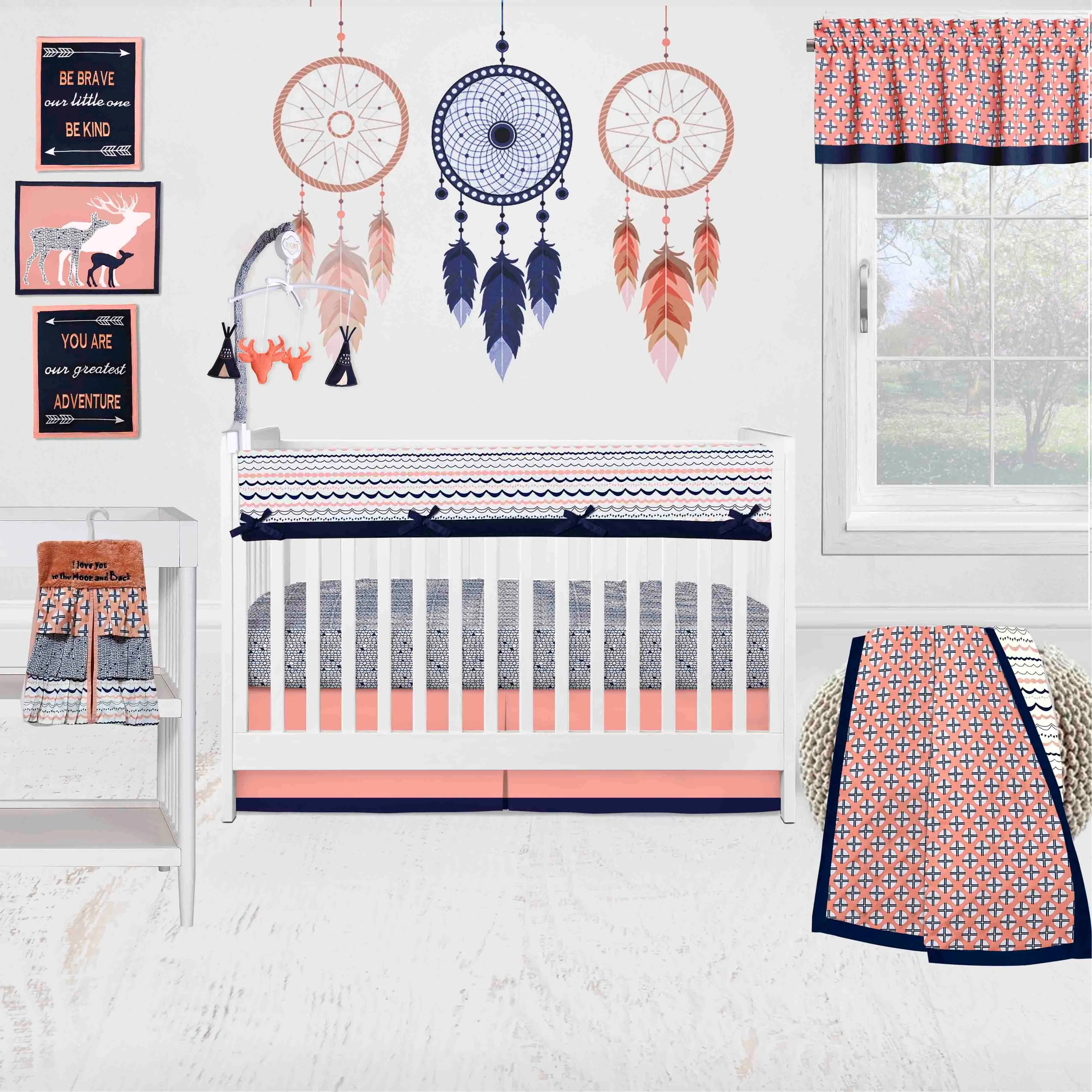 Bacati - Tribal Olivia 10-Piece Crib Bedding Set with Crib Rail Guard - Coral/Navy Girls