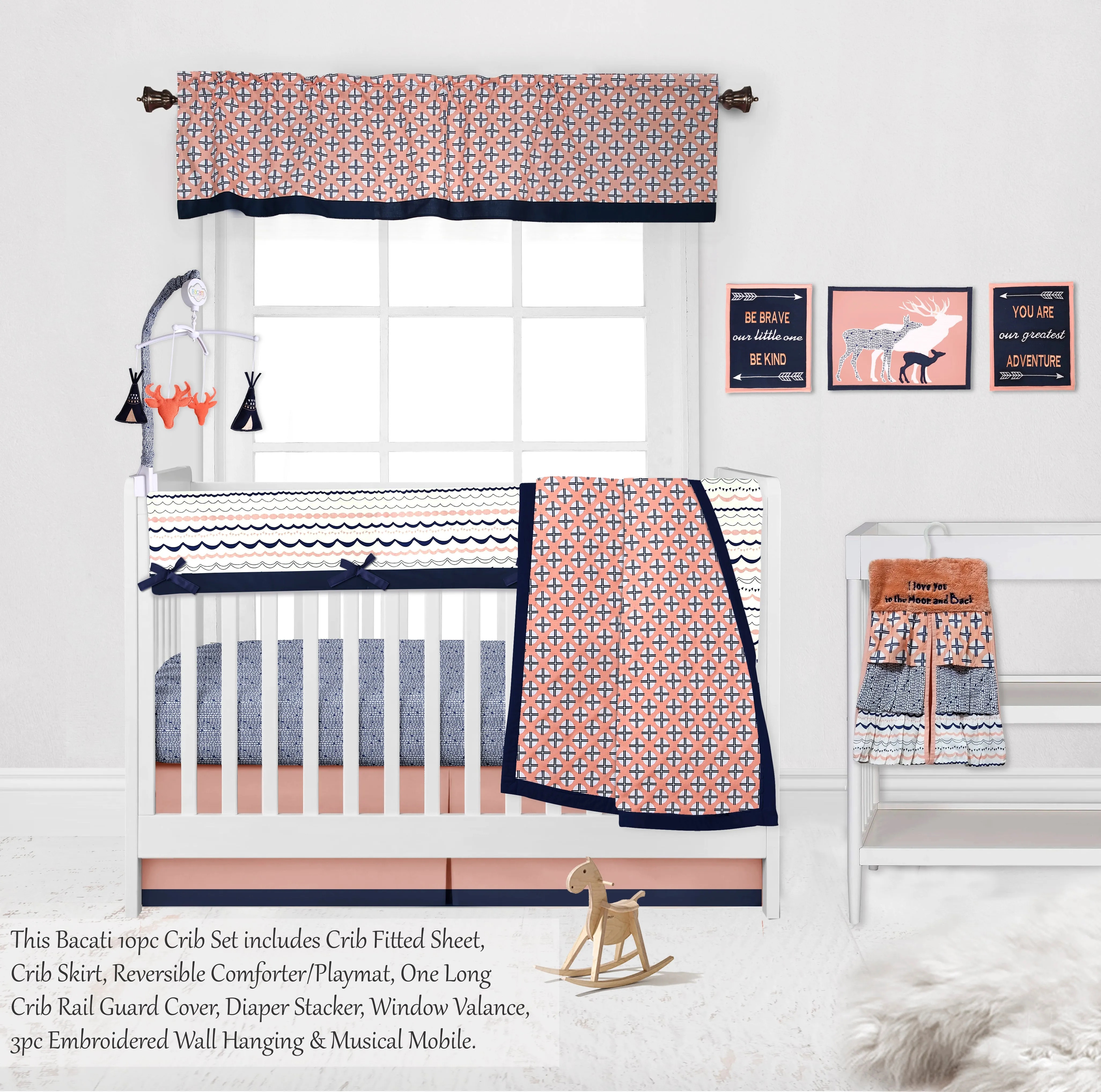 Bacati - Tribal Olivia 10-Piece Crib Bedding Set with Crib Rail Guard - Coral/Navy Girls