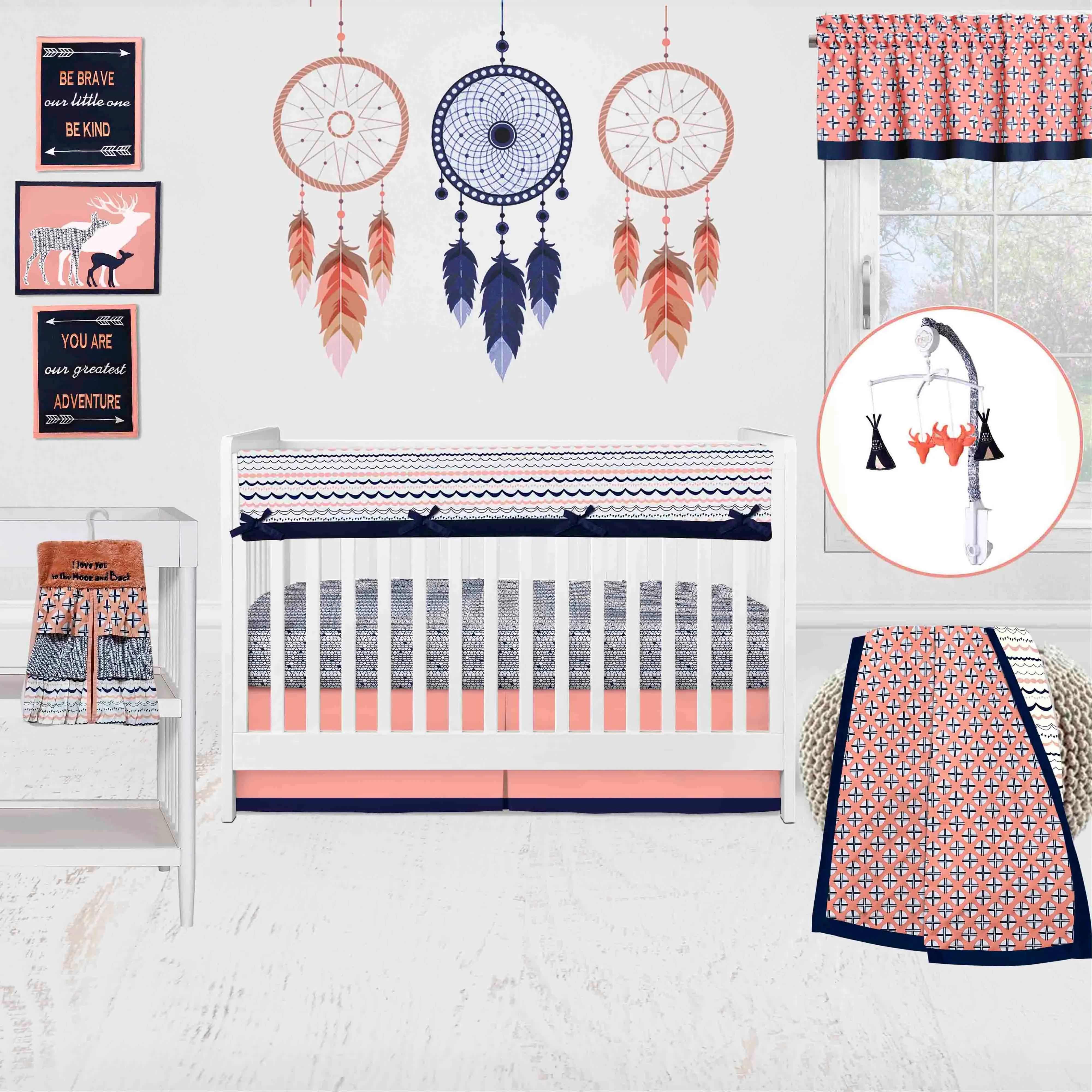 Bacati - Tribal Olivia 10-Piece Crib Bedding Set with Crib Rail Guard - Coral/Navy Girls