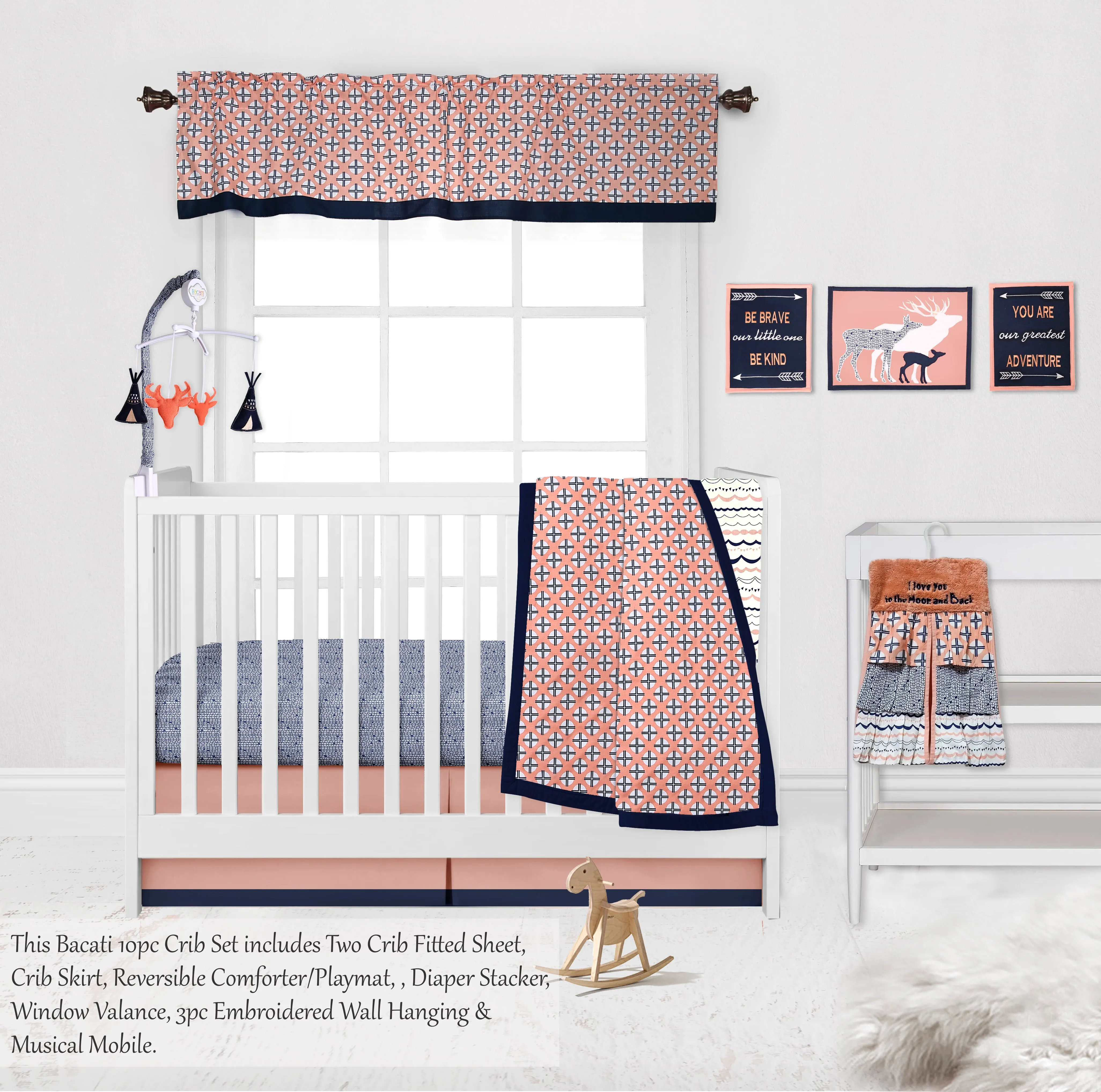 Bacati - Tribal Olivia 10-Piece Crib Bedding Set with Two Crib Sheets - Coral/Navy Girls