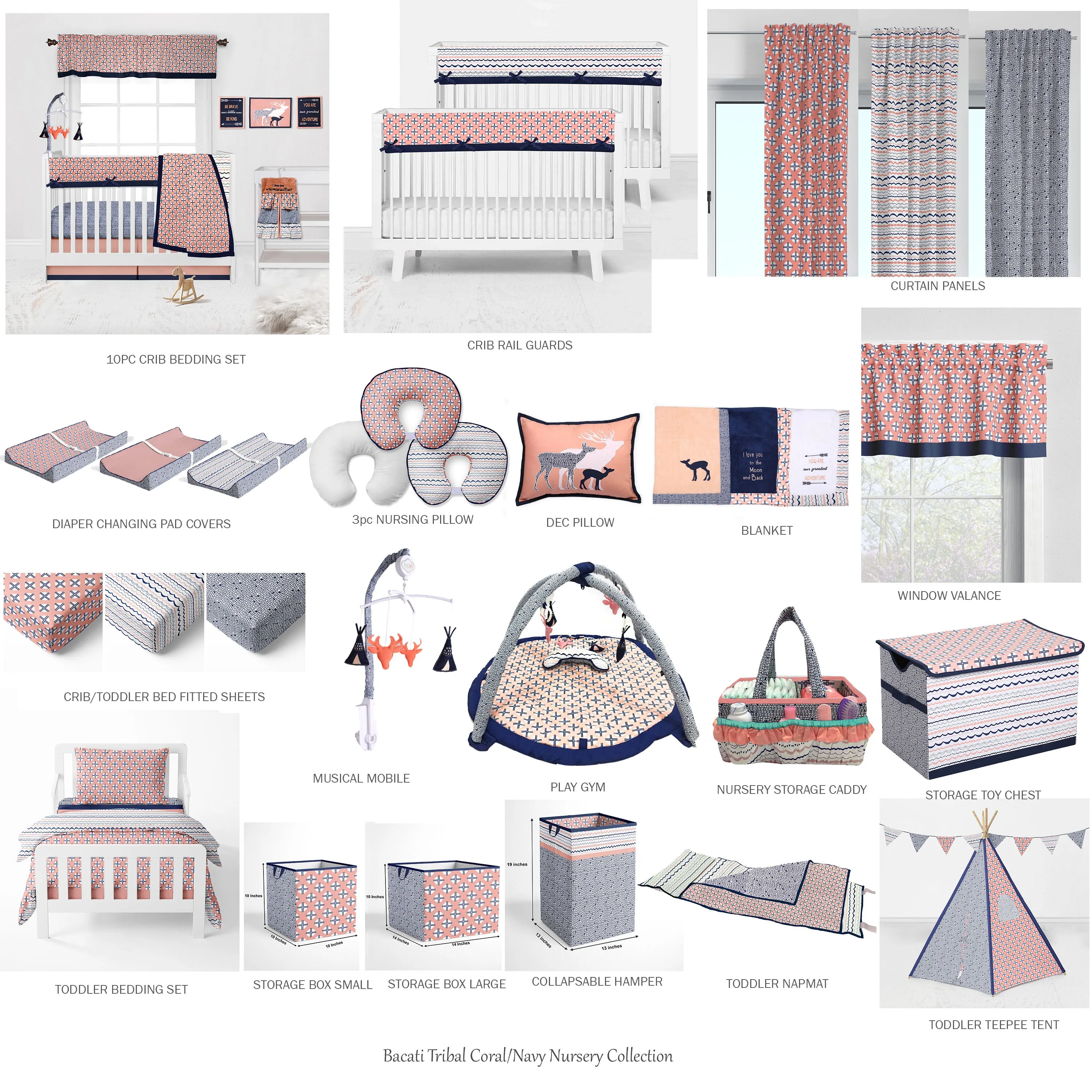 Bacati - Tribal Olivia 10-Piece Crib Bedding Set with Two Crib Sheets - Coral/Navy Girls