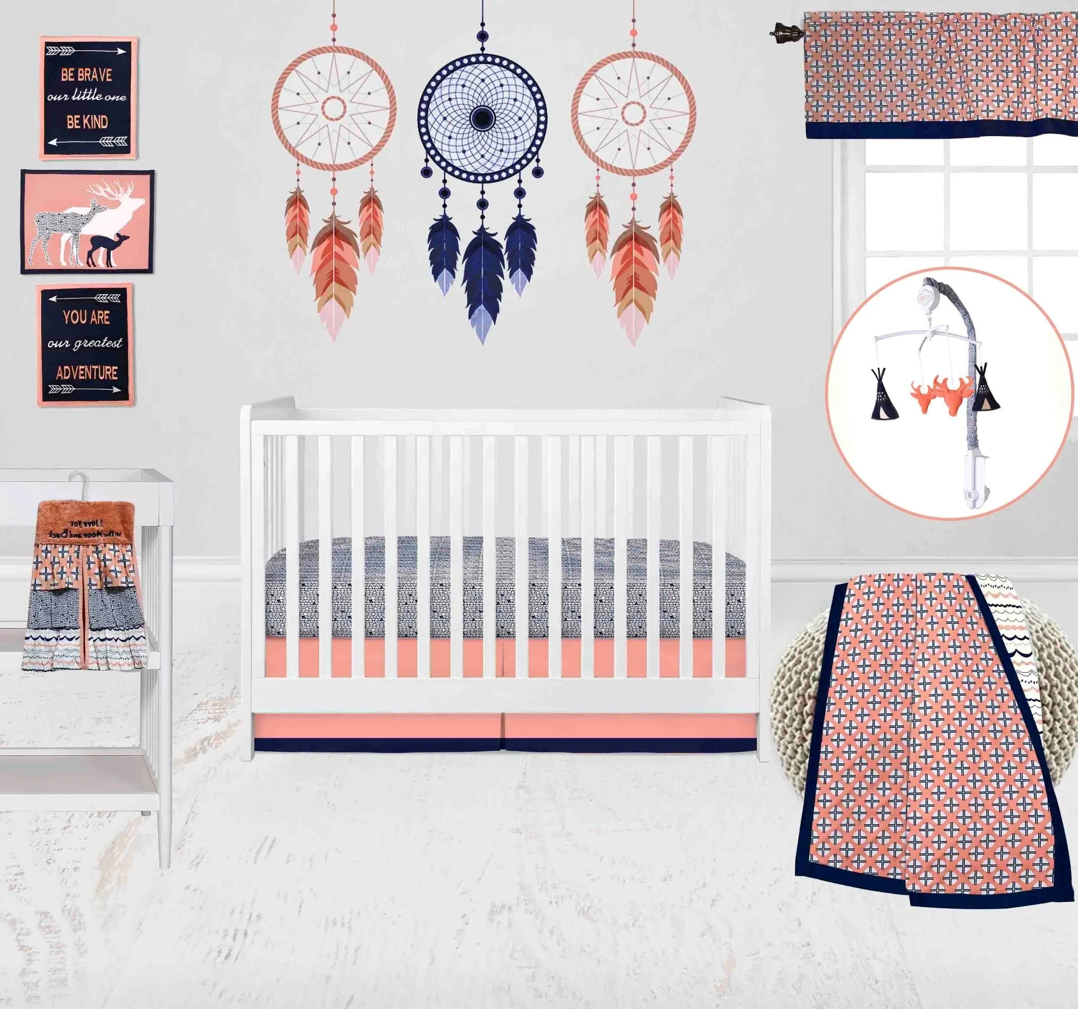 Bacati - Tribal Olivia 10-Piece Crib Bedding Set with Two Crib Sheets - Coral/Navy Girls