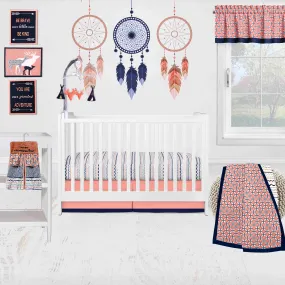 Bacati - Tribal Olivia 10-Piece Crib Bedding Set with Two Crib Sheets - Coral/Navy Girls