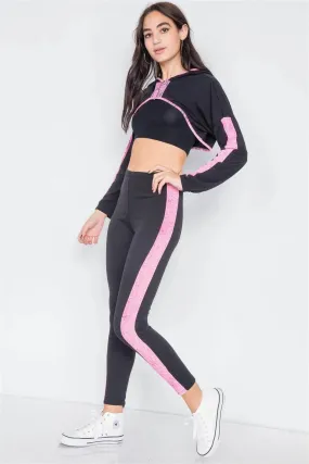 Black & Pink Snake Print Trim High Crop & Ankle Legging Set