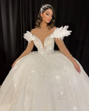 Bridal Lace Gown with Feathered Straps