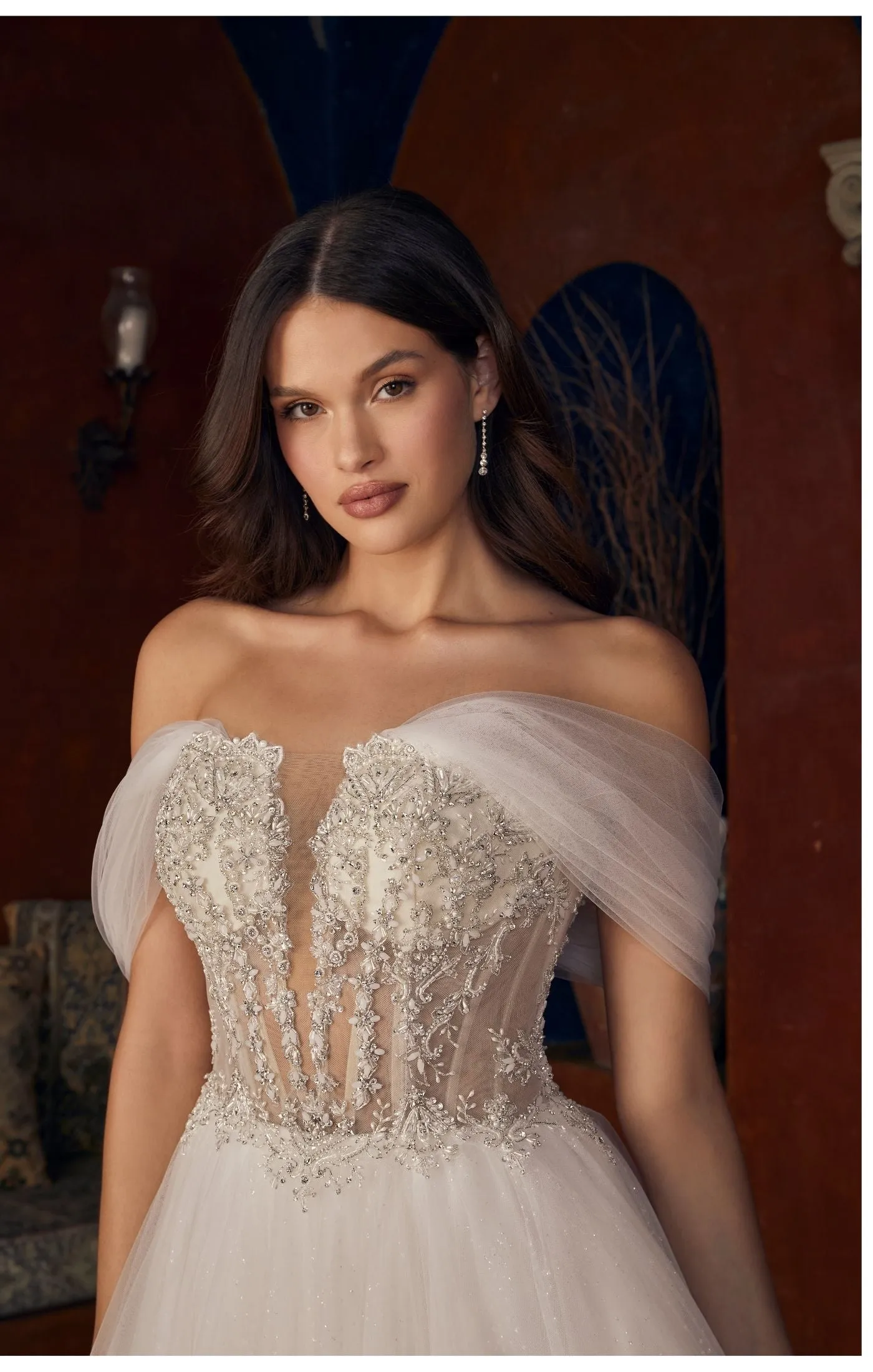 Casablanca Bridal 2547 Meline Wedding Dress Ballgown Sheer Corset Off The Shoulder Plunging Neckline Train Wedding Gown