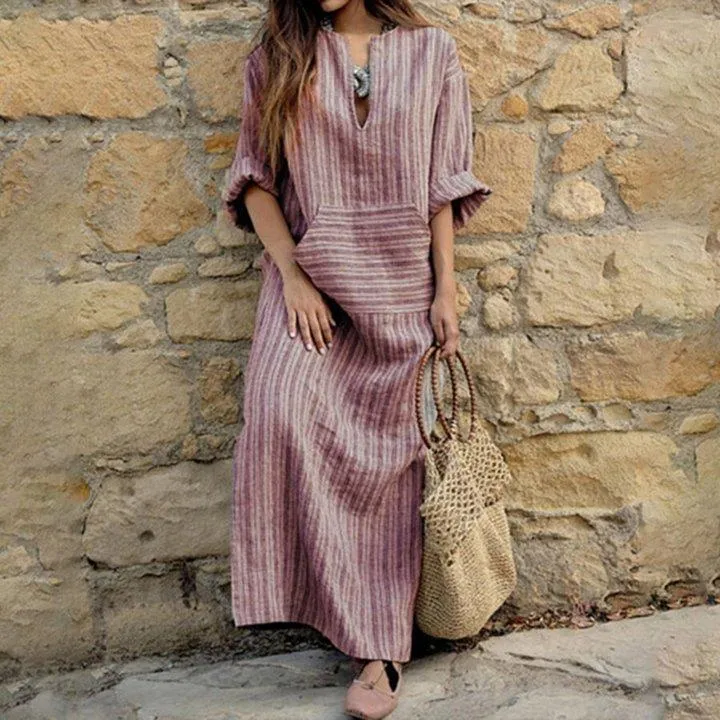 Casual Loose Cotton And Linen Stripe Dress
