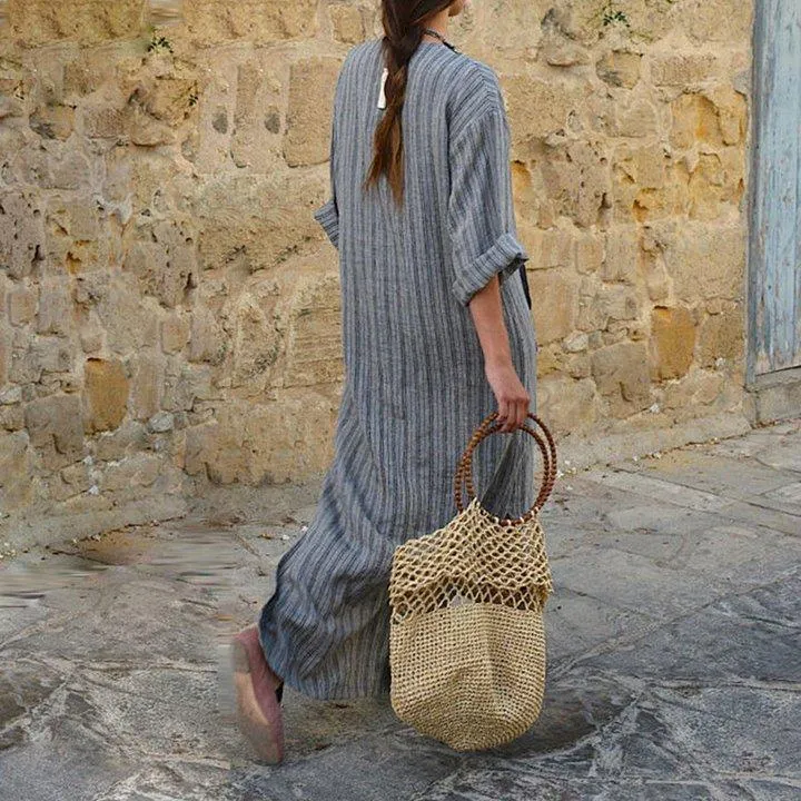 Casual Loose Cotton And Linen Stripe Dress