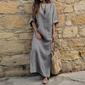 Casual Loose Cotton And Linen Stripe Dress