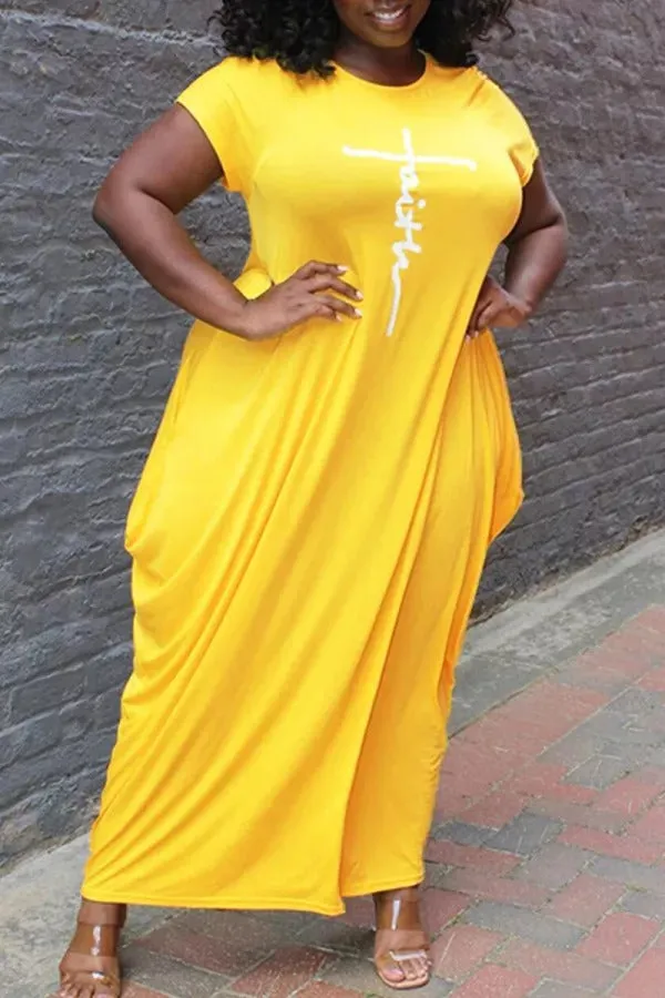 Casual Print Split Joint Asymmetrical O Neck Short Sleeve Dress Plus Size Dresses