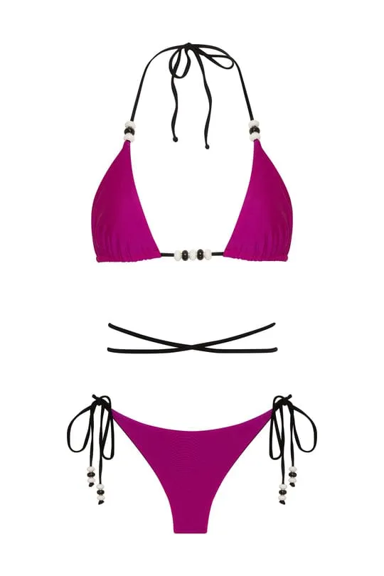 Cattleya Fuchsia Pink - Black Reversible Triangle Top & Tie Side Cheeky Bikini Bottom Swimsuit