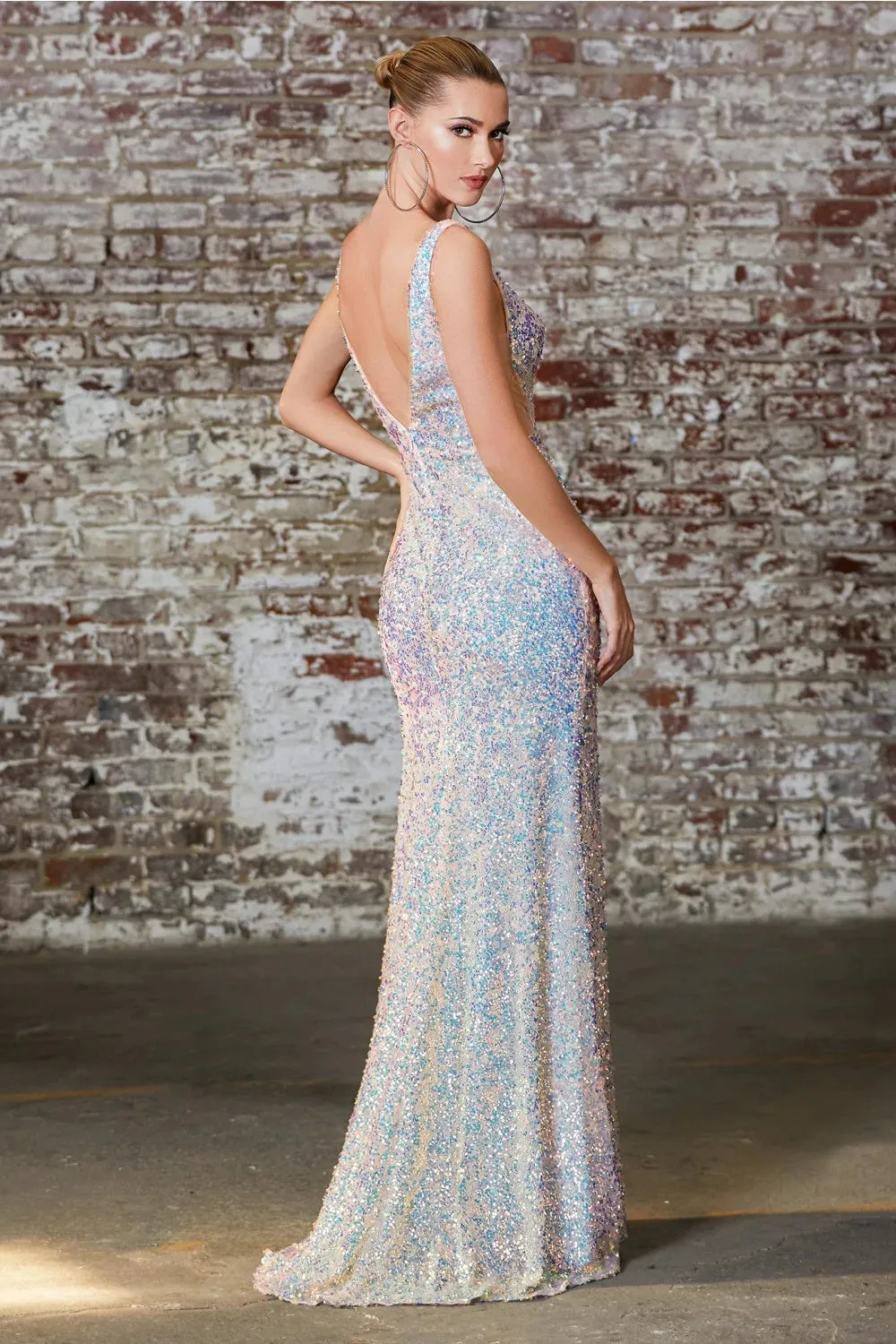 CD 187 Size 6 Long Fitted Sequin Prom Dress Slit Formal Gown V Neck Pageant Couture