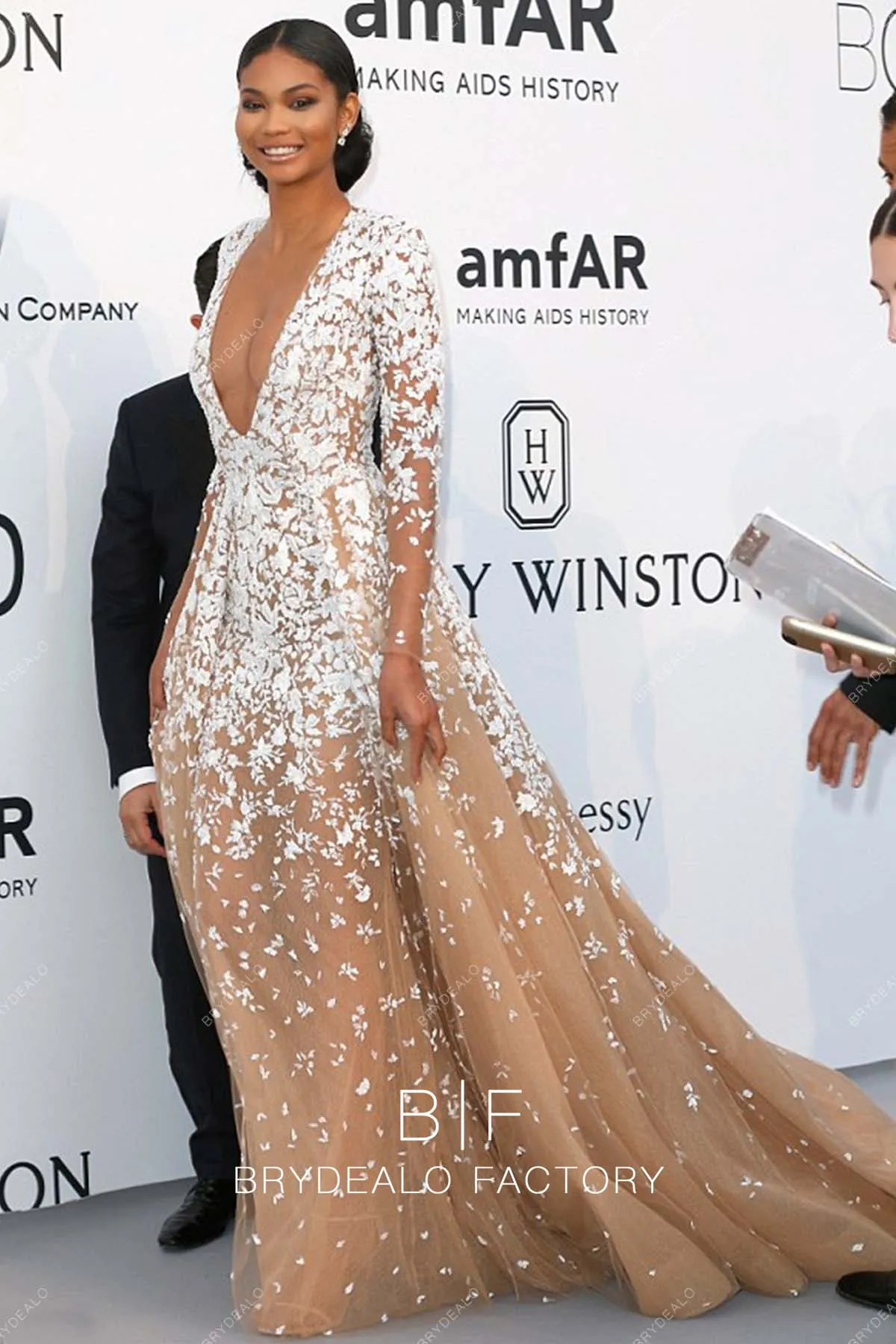 Chanel Iman Glamorous Lace Champagne Plunging Ball Gown Cannes 2015