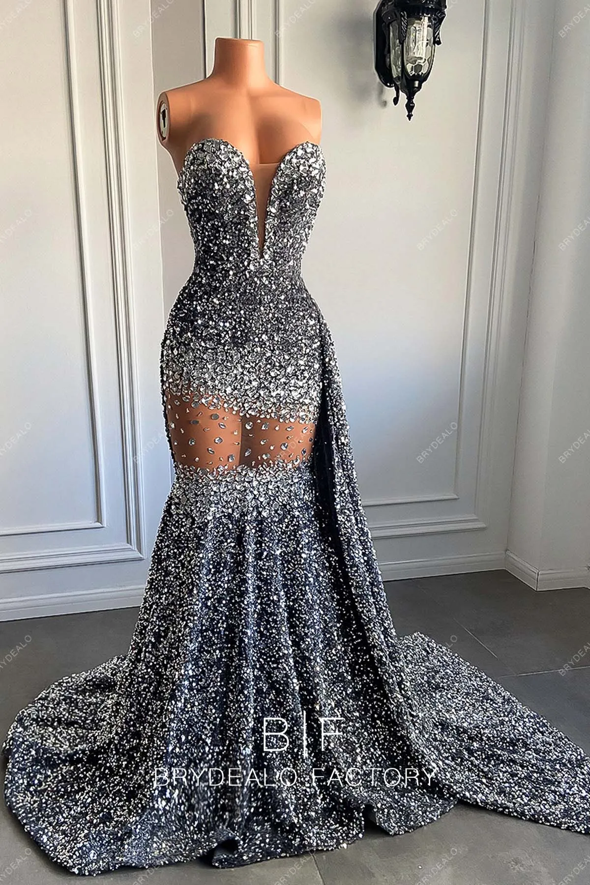 Crystals Gray Sequin Strapless Deep Neck Panel Train Formal Gown