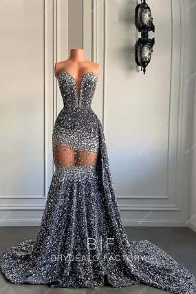 Crystals Gray Sequin Strapless Deep Neck Panel Train Formal Gown