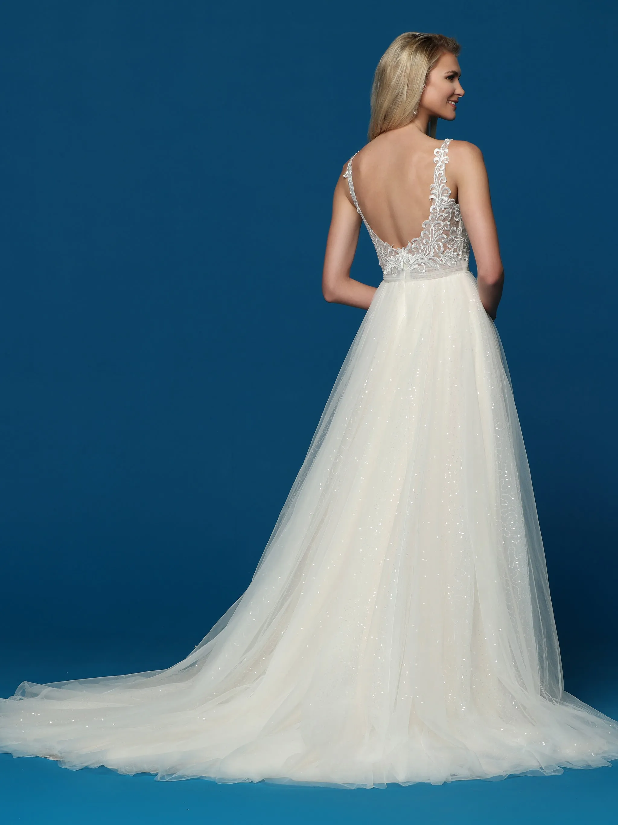 Davinci Bridal 50643 Long A Line Shimmer Ballgown Wedding Dress Lace V Neck Gown Train