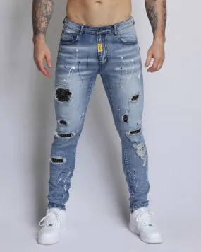 Durable Ripped Blue Jeans with Dimond Patch-Mexico Local Delivery