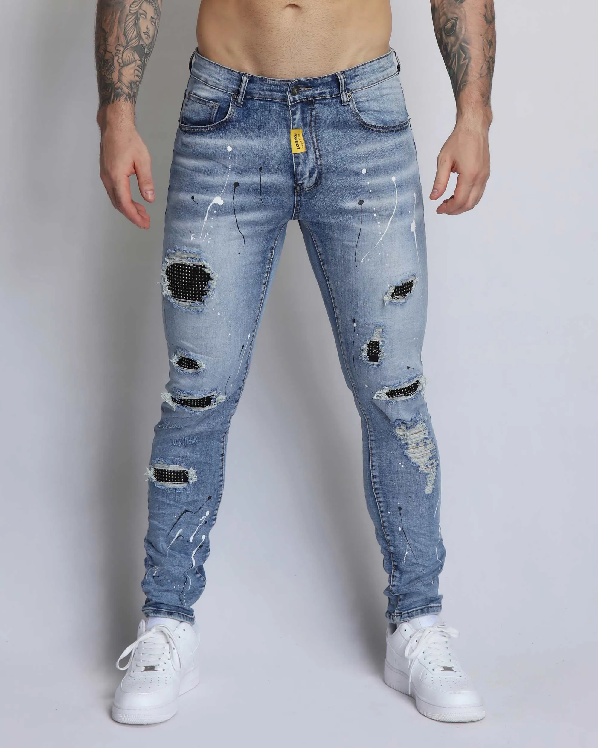Durable Ripped Blue Jeans with Dimond Patch-Mexico Local Delivery
