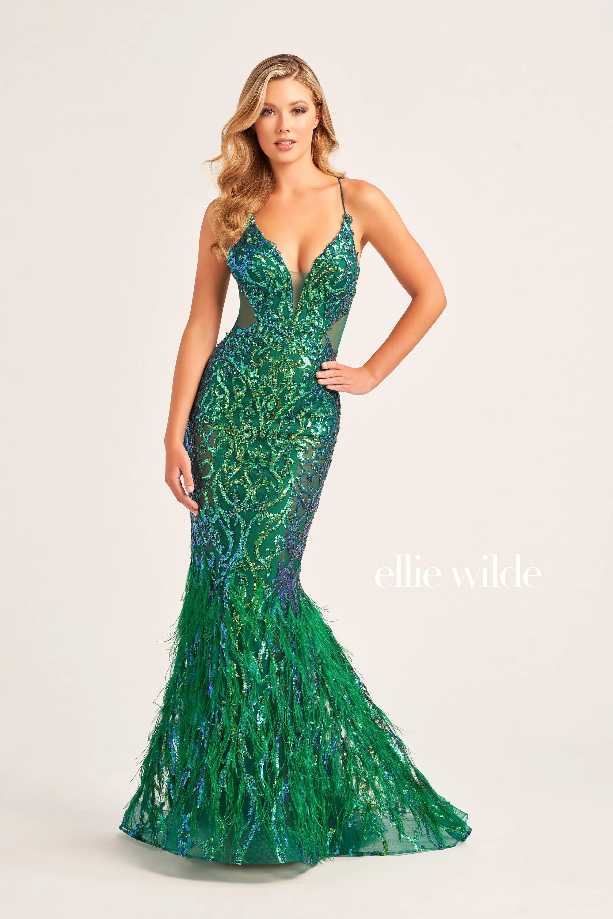 Ellie Wilde EW35006 Size 2 Iris Sheer Sequin Prom Dress Backless Gown Feather Skirt Formal Gown