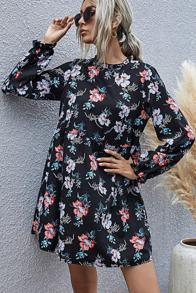 elveswallet Long Sleeve High Waist Loose Floral Dress