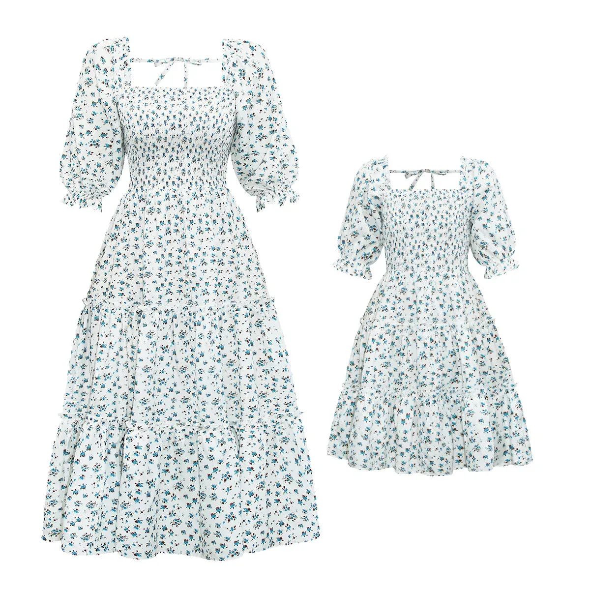 Family Matching Dress Square Neck Collar Bell Sleeve Floral Party Dress for Mother Daughter