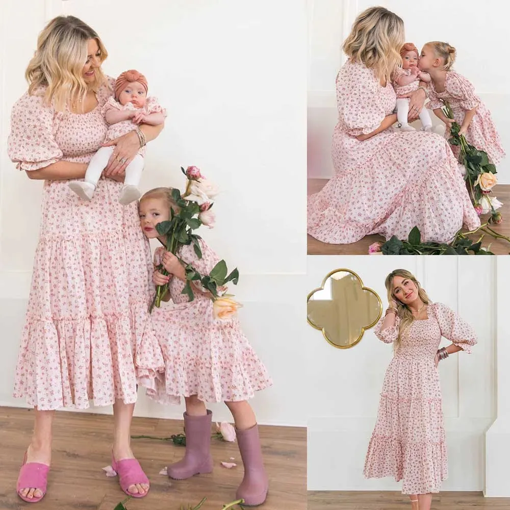 Family Matching Dress Square Neck Collar Bell Sleeve Floral Party Dress for Mother Daughter