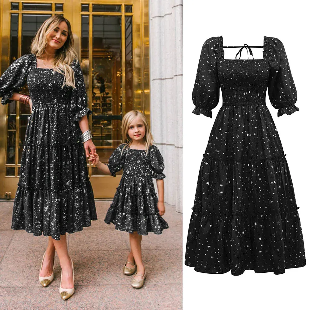 Family Matching Dress Square Neck Collar Bell Sleeve Floral Party Dress for Mother Daughter