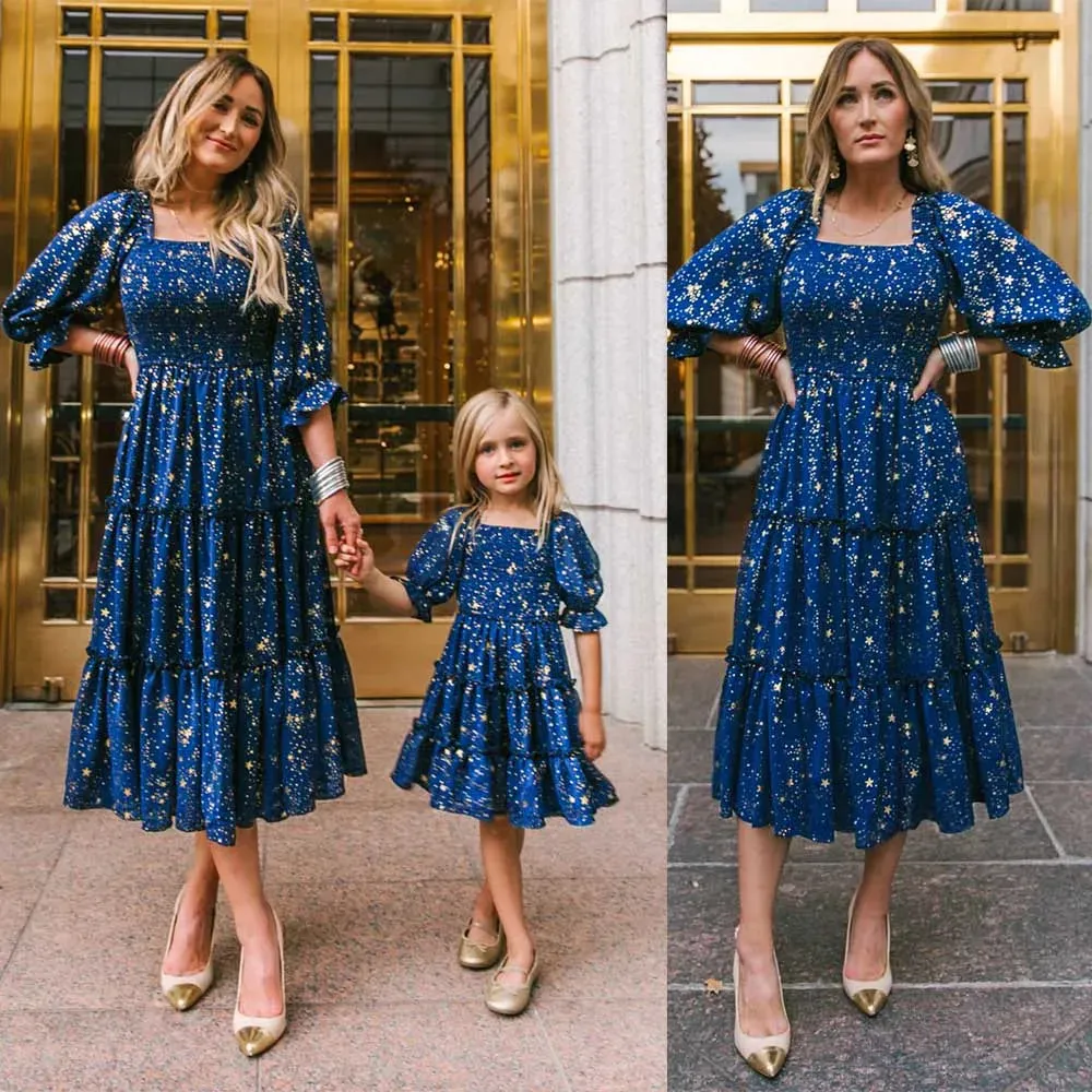 Family Matching Dress Square Neck Collar Bell Sleeve Floral Party Dress for Mother Daughter