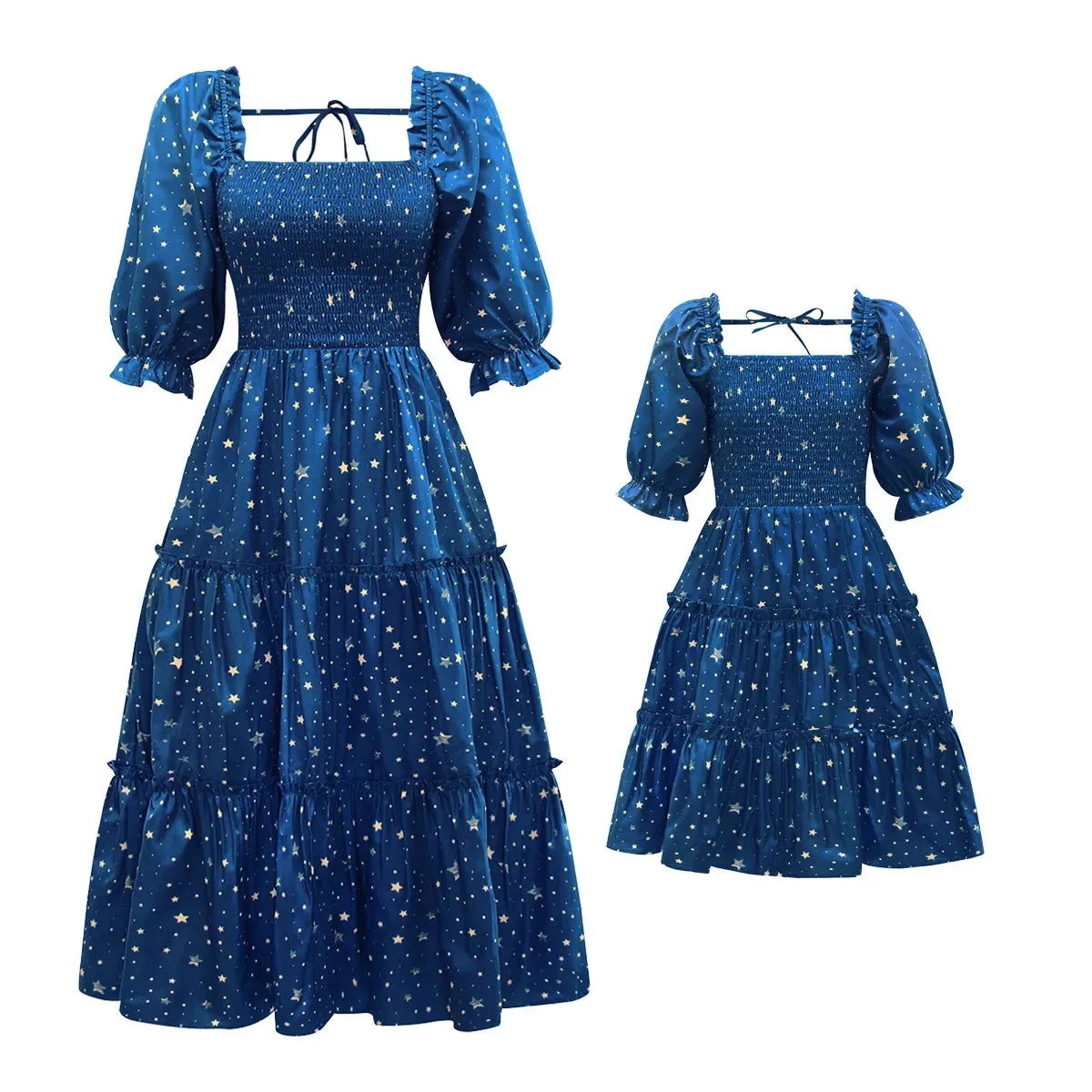 Family Matching Dress Square Neck Collar Bell Sleeve Floral Party Dress for Mother Daughter