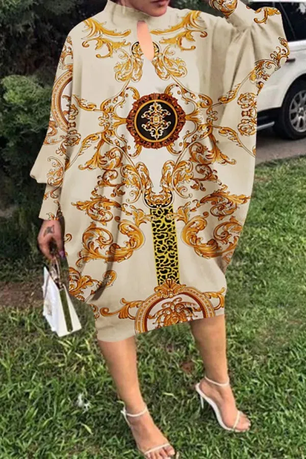 Fashion Casual Print Hollowed Out Half A Turtleneck Long Sleeve Dresses