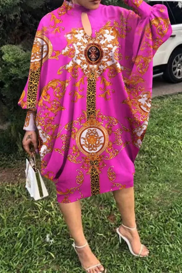 Fashion Casual Print Hollowed Out Half A Turtleneck Long Sleeve Dresses