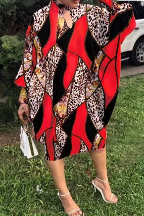 Fashion Casual Print Hollowed Out Half A Turtleneck Long Sleeve Dresses