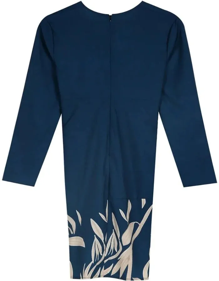 Floral Blue V-Neckline Ruched Front Slit Mini Dress