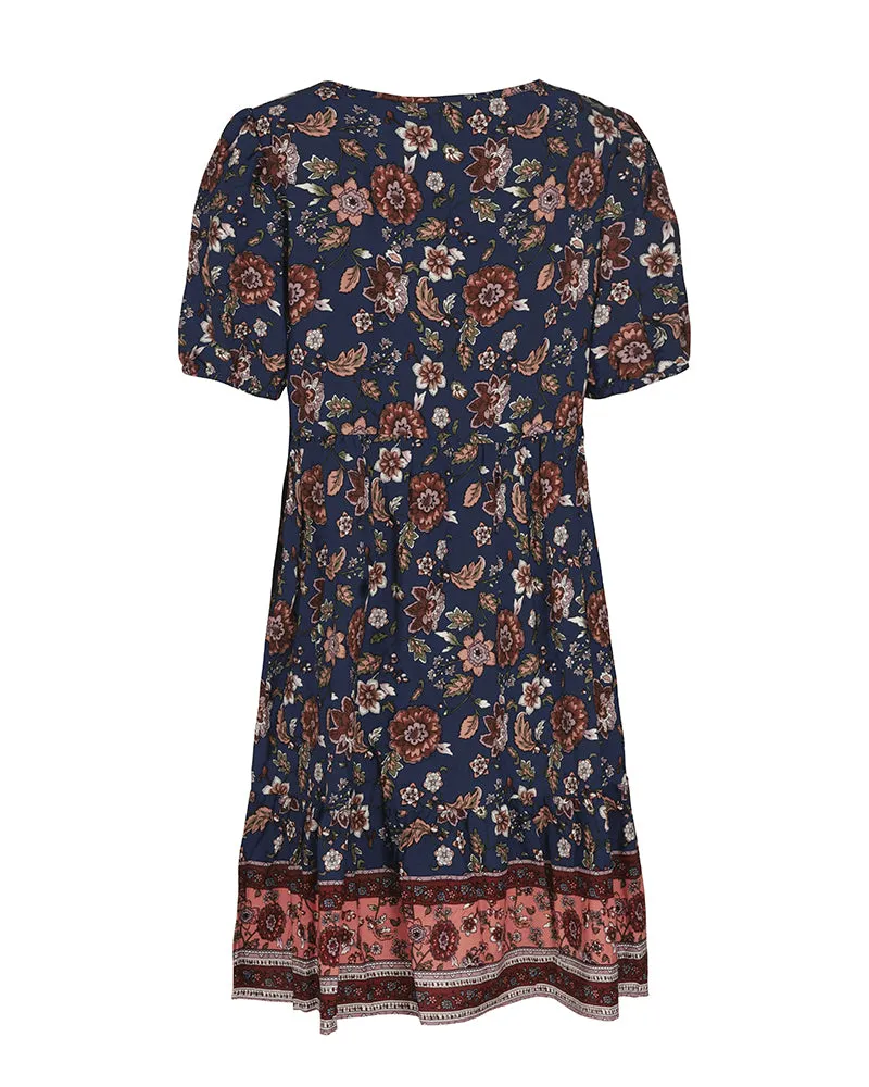 Floral Print Tie Neck Puff Sleeve Ruffle Hem Smock Dress