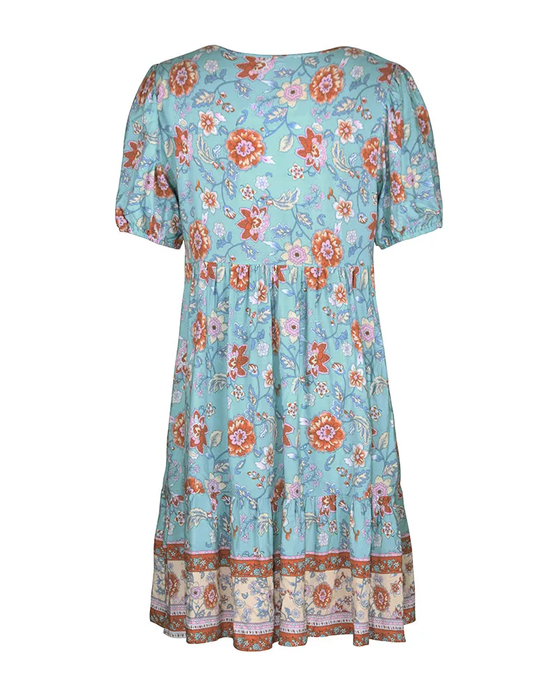 Floral Print Tie Neck Puff Sleeve Ruffle Hem Smock Dress