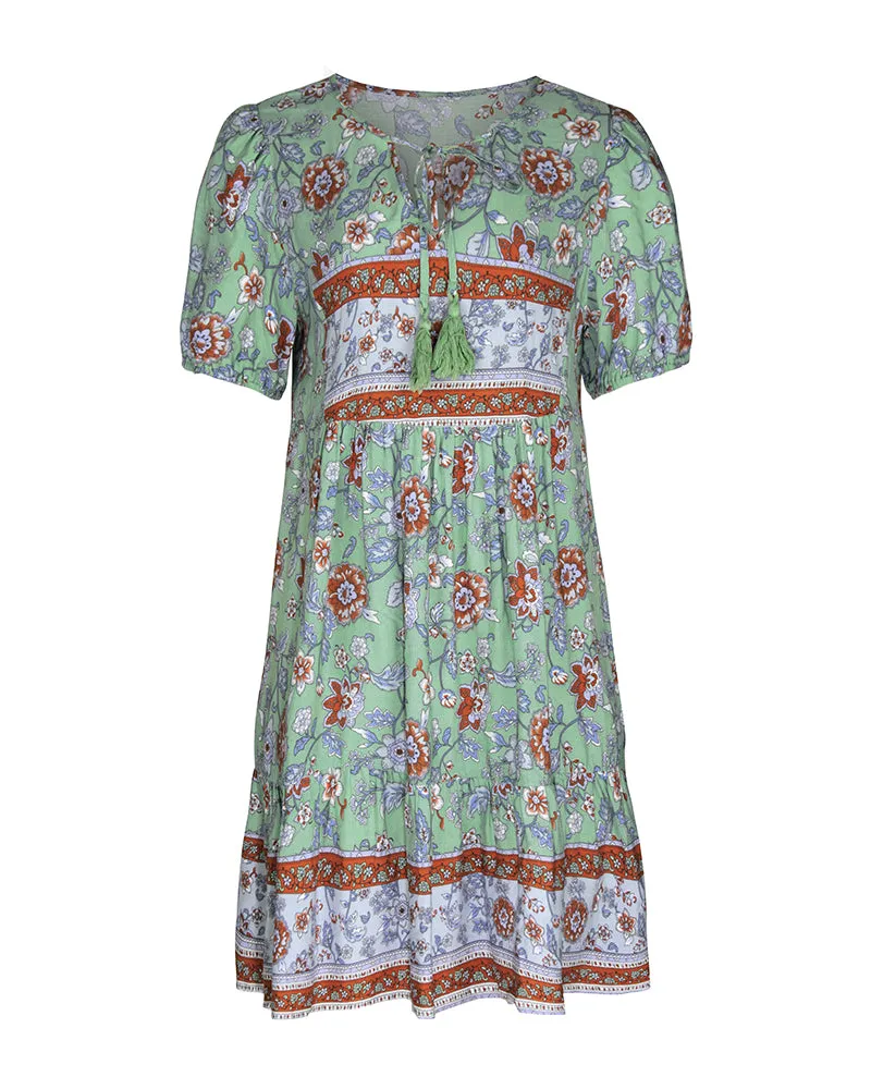 Floral Print Tie Neck Puff Sleeve Ruffle Hem Smock Dress
