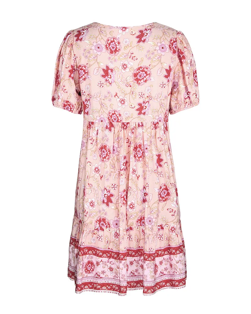 Floral Print Tie Neck Puff Sleeve Ruffle Hem Smock Dress