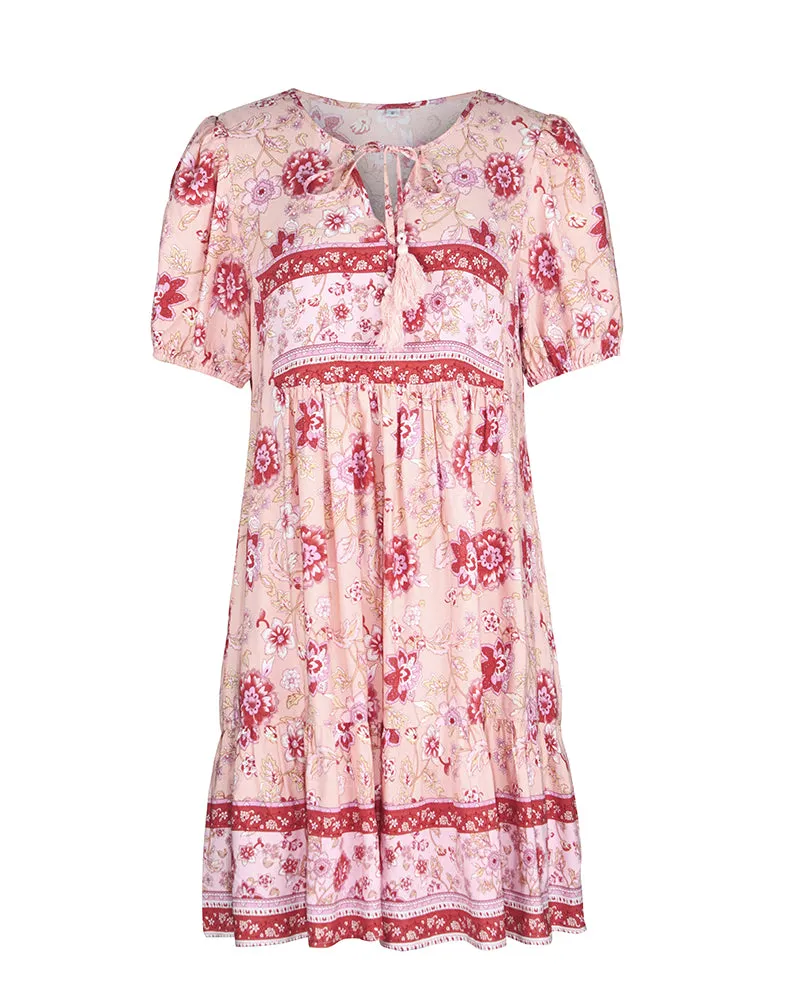 Floral Print Tie Neck Puff Sleeve Ruffle Hem Smock Dress