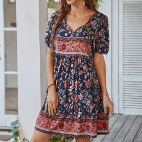 Floral Print Tie Neck Puff Sleeve Ruffle Hem Smock Dress