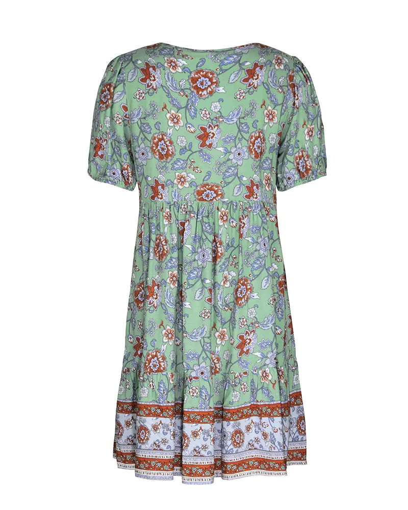 Floral Print Tie Neck Puff Sleeve Ruffle Hem Smock Dress