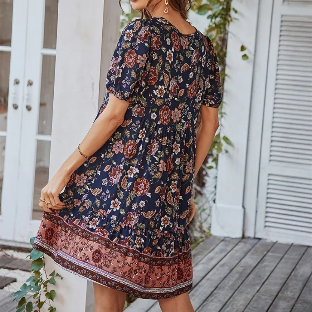 Floral Print Tie Neck Puff Sleeve Ruffle Hem Smock Dress
