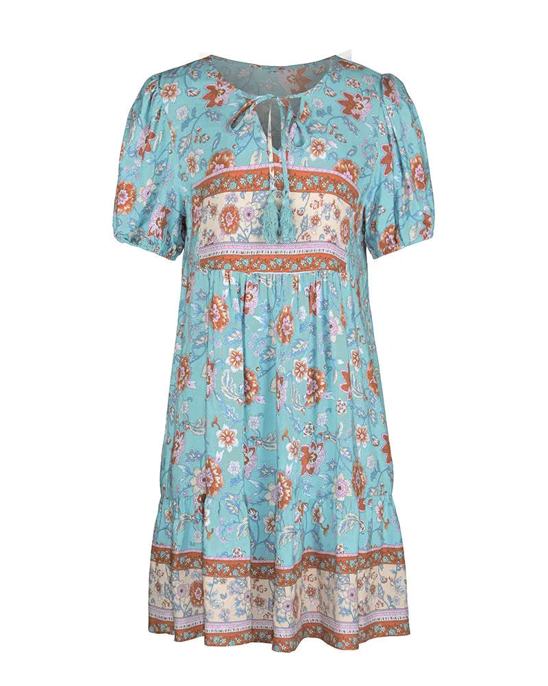 Floral Print Tie Neck Puff Sleeve Ruffle Hem Smock Dress