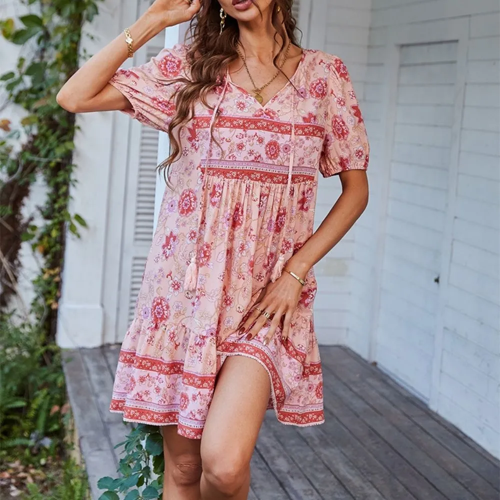 Floral Print Tie Neck Puff Sleeve Ruffle Hem Smock Dress