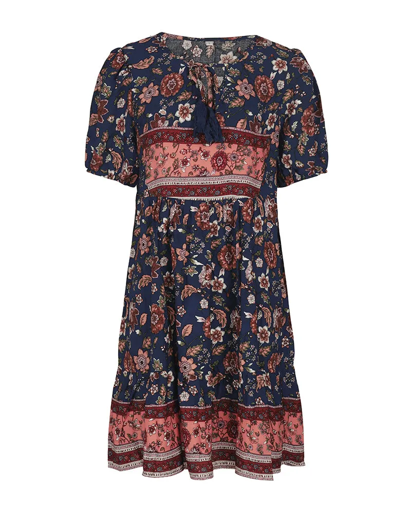 Floral Print Tie Neck Puff Sleeve Ruffle Hem Smock Dress