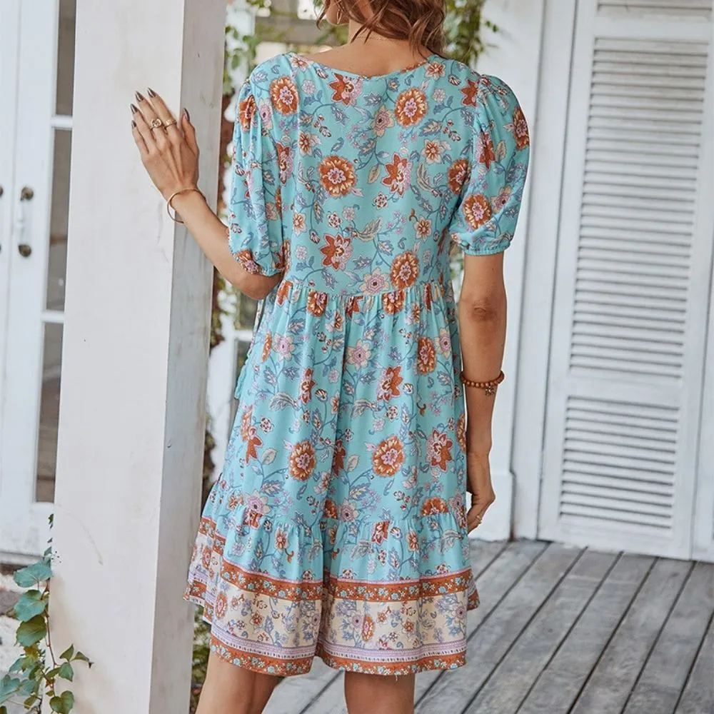 Floral Print Tie Neck Puff Sleeve Ruffle Hem Smock Dress