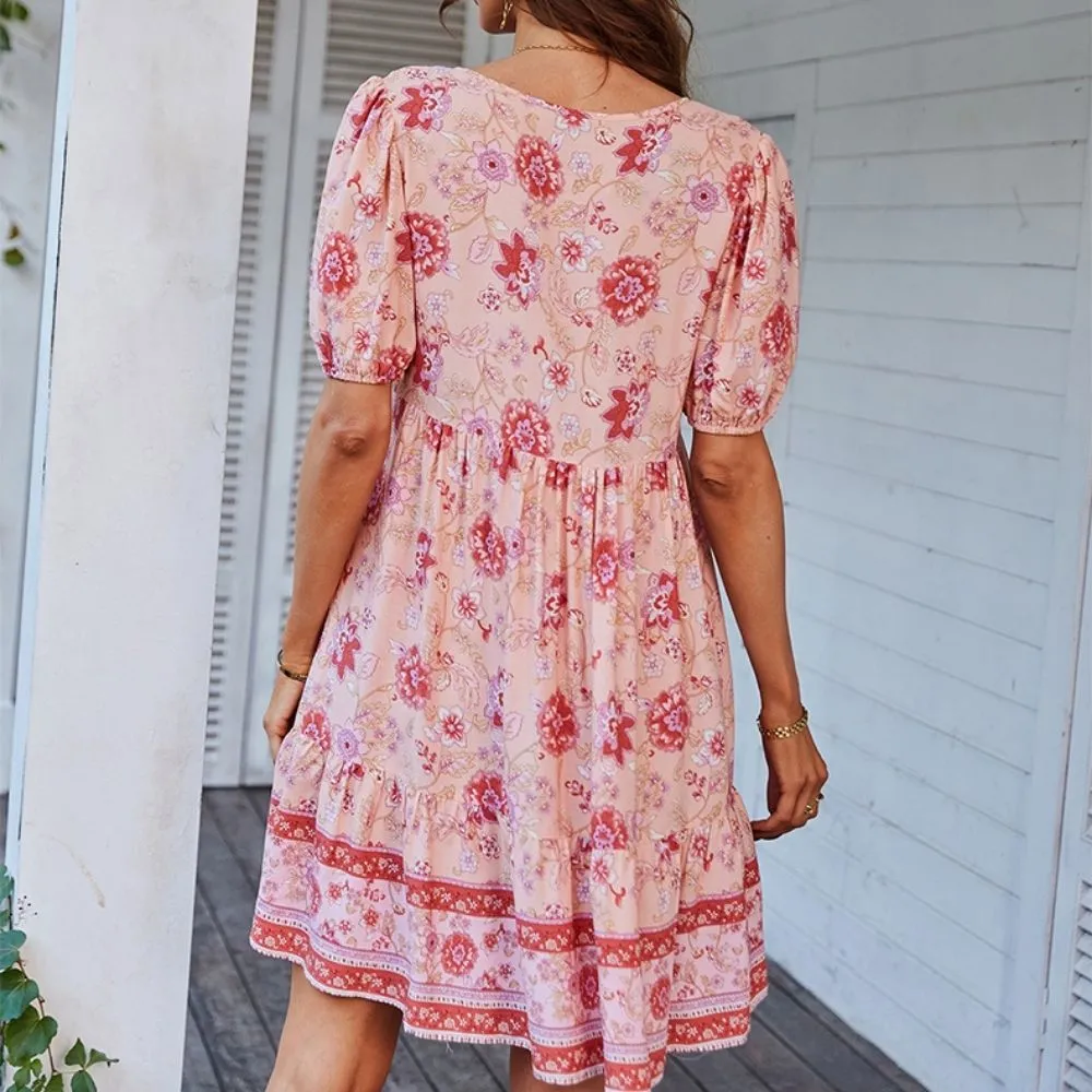 Floral Print Tie Neck Puff Sleeve Ruffle Hem Smock Dress