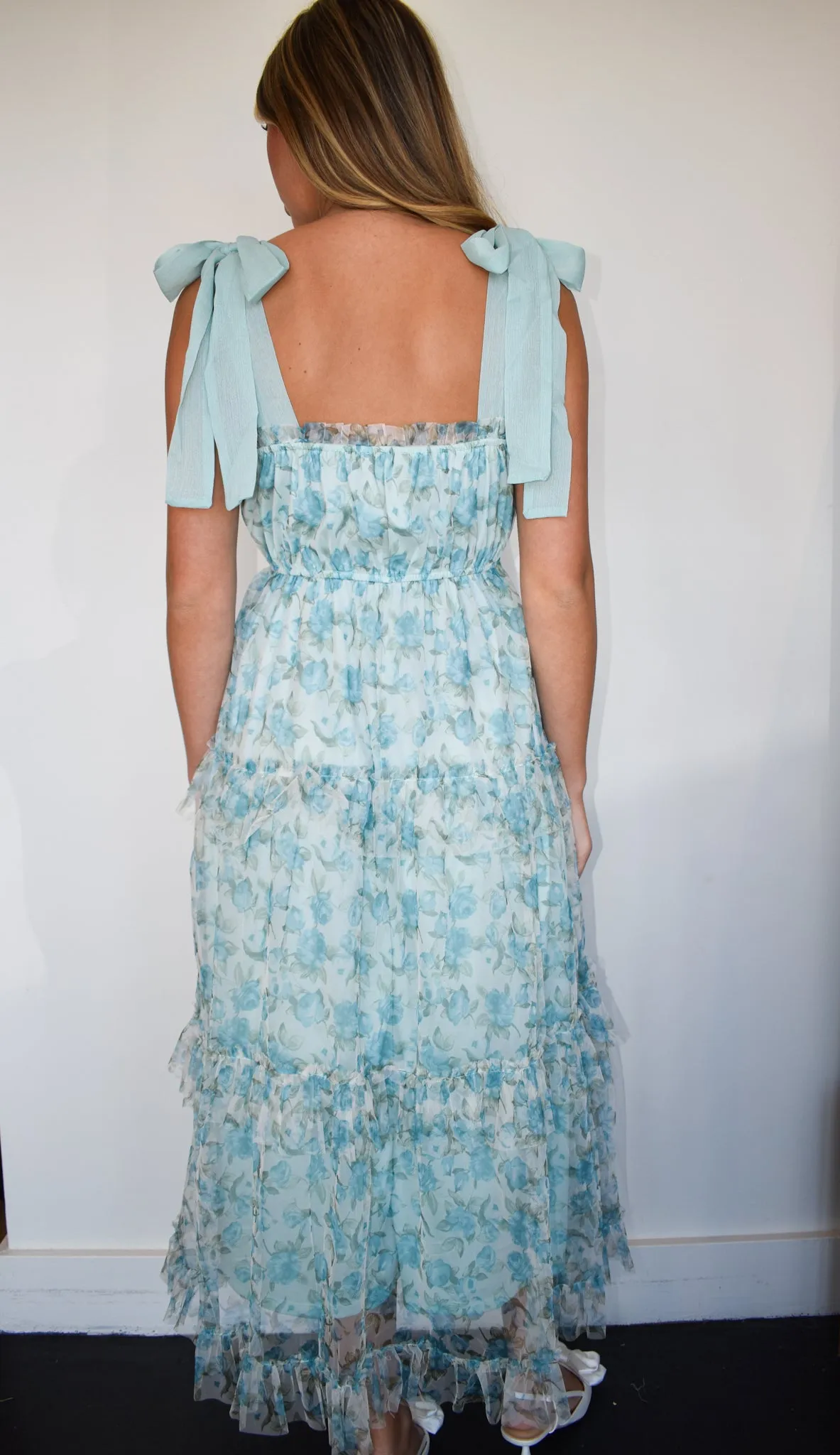 Floral Tie Strap Tiered Maxi Dress- Blue