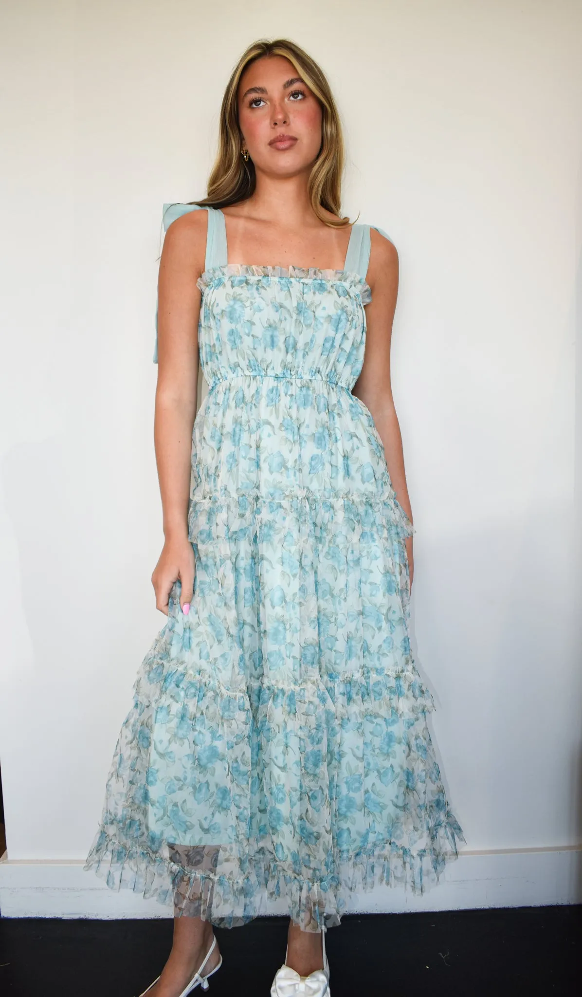Floral Tie Strap Tiered Maxi Dress- Blue