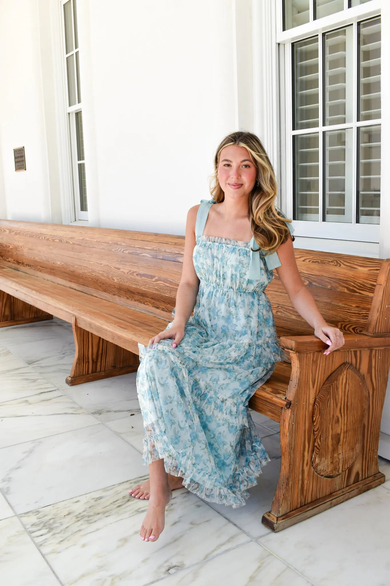 Floral Tie Strap Tiered Maxi Dress- Blue